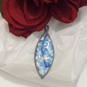 Blue & White Marquise Shaped Stain Glass Mosaic Design Pendant or Charm Jewelry